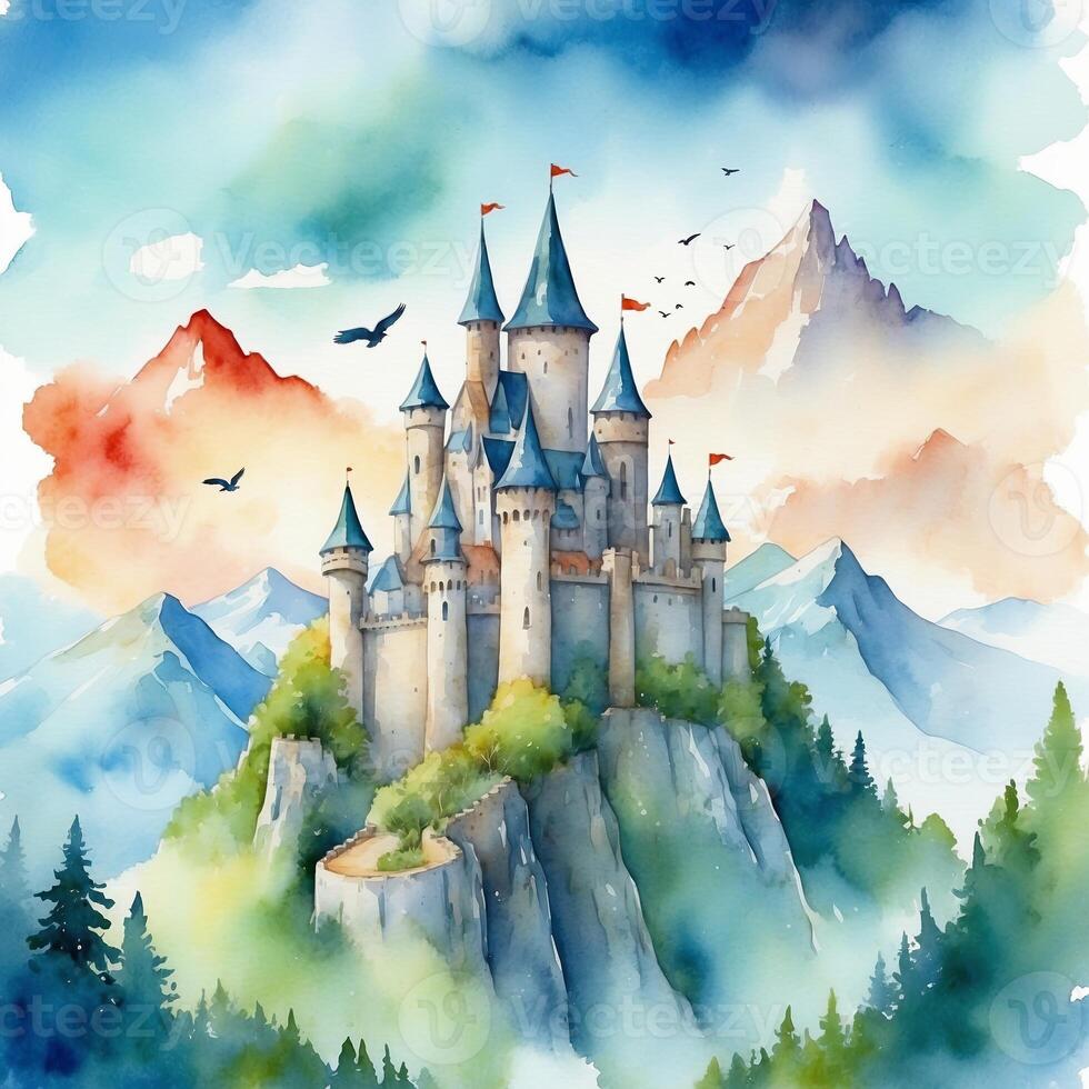 Majestic castle perched on a mountain peak surrounded by serene nature and vibrant skies at dawn photo