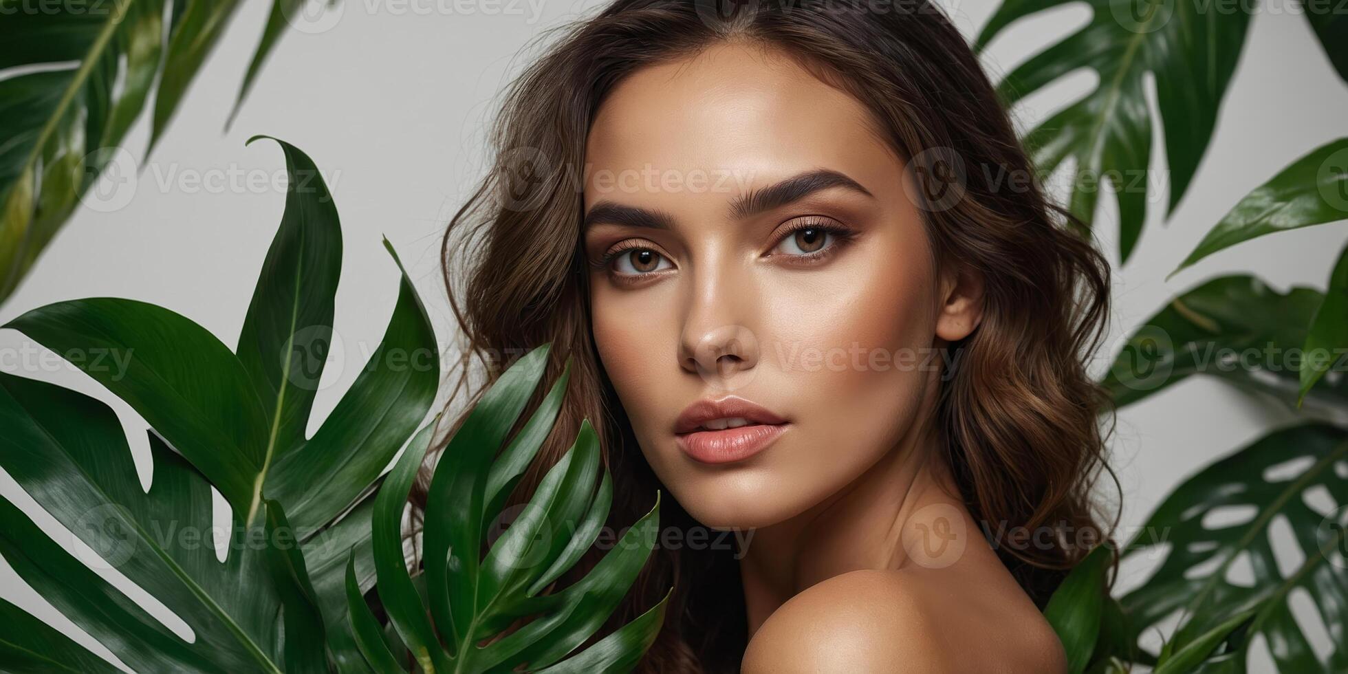 Portrait of a young woman surrounded by lush green tropical leaves in a studio setting photo
