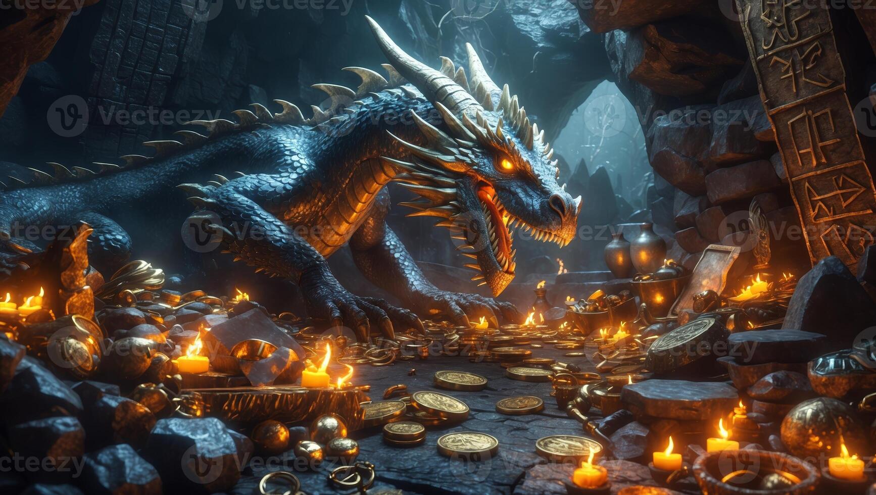 Majestic dragon guarding a treasure trove in a mystical cavern illuminated by flickering candles photo