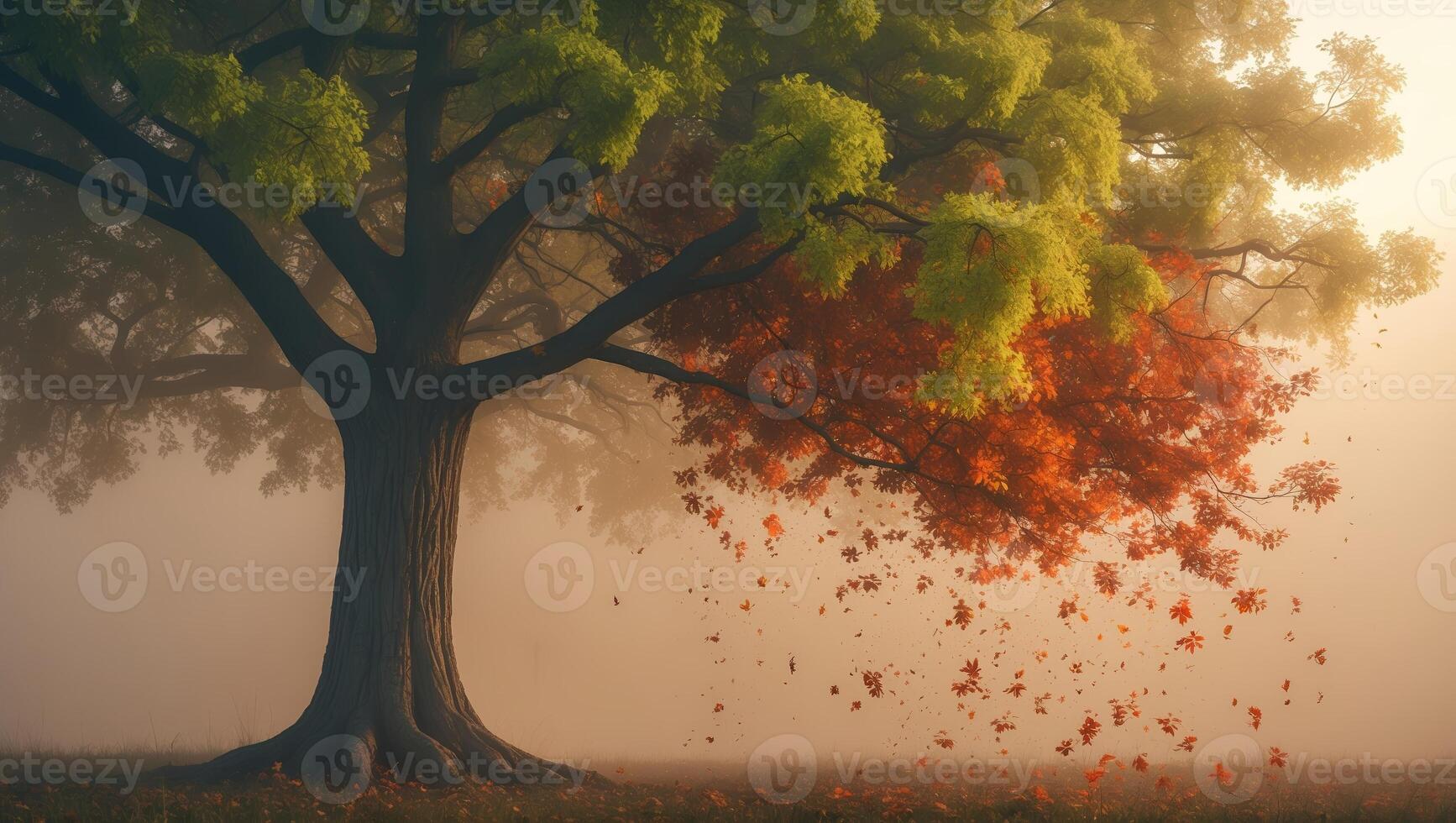 Vibrant autumn leaves gently falling from a majestic tree in a misty landscape at dawn photo