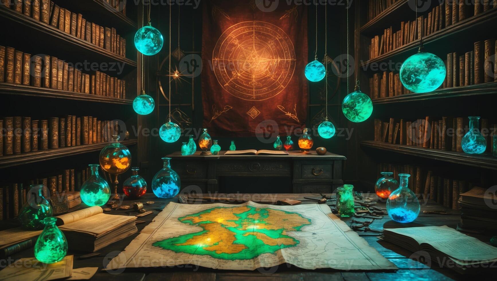 Magical library filled with glowing potions and ancient maps in a mystical setting photo