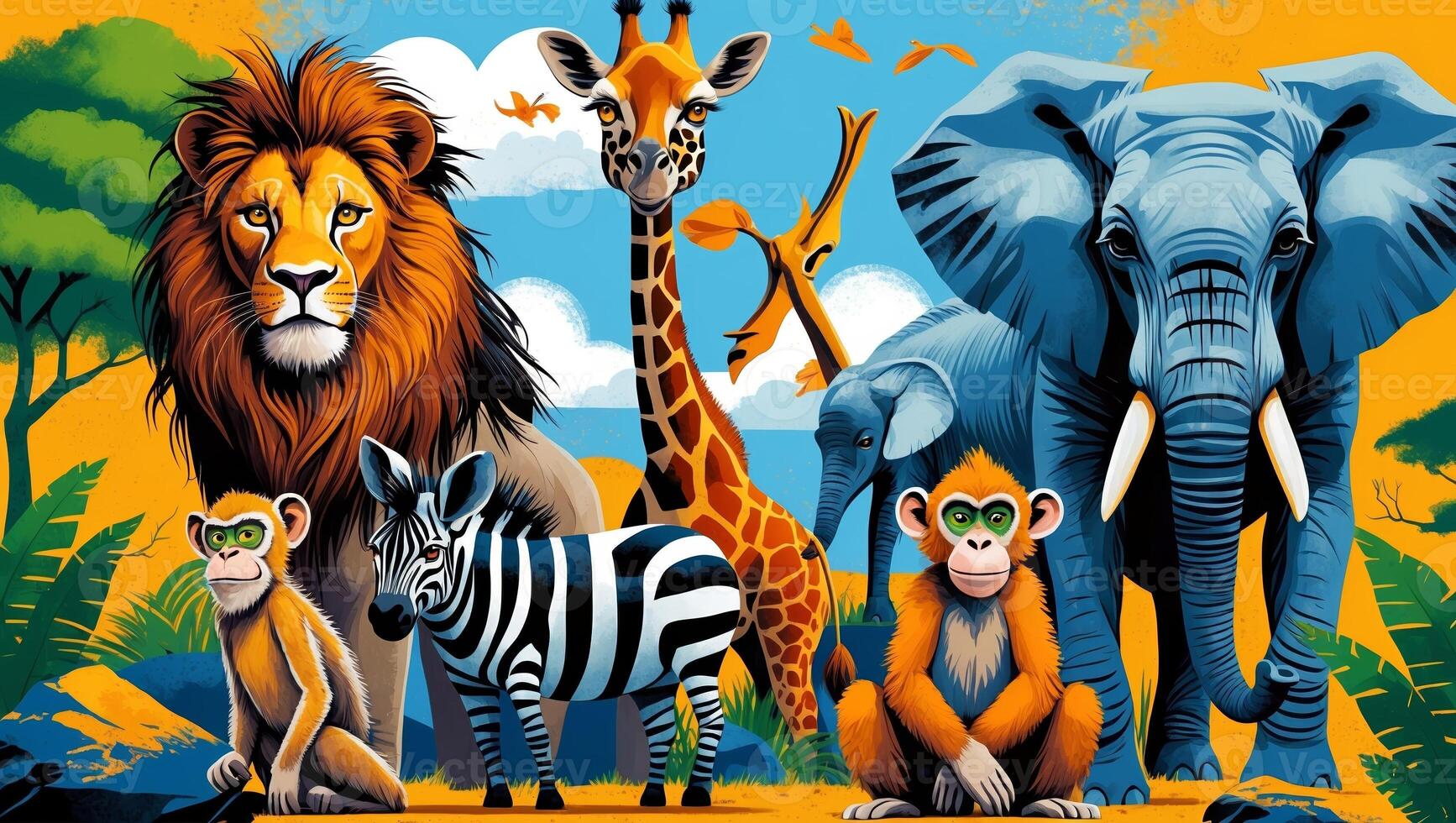Colorful illustration capturing a variety of wild animals in a vibrant safari setting with blue skies and foliage photo