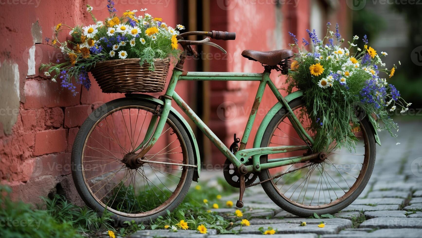 Vintage bicycle adorned with colorful flowers by a rustic wall in a charming village setting during springtime photo
