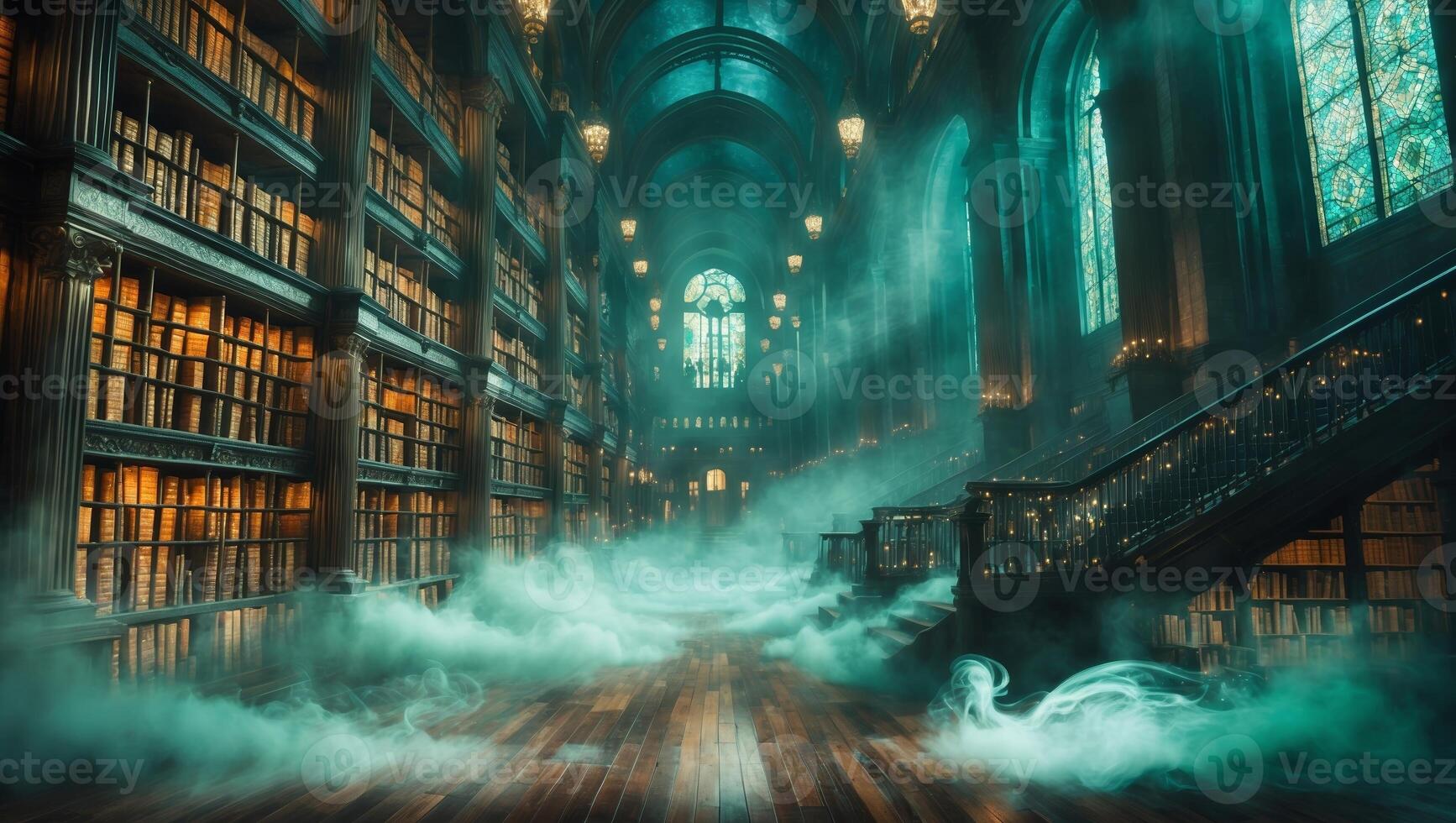 Enchanted library filled with mist and illuminated by ethereal light during twilight hours photo