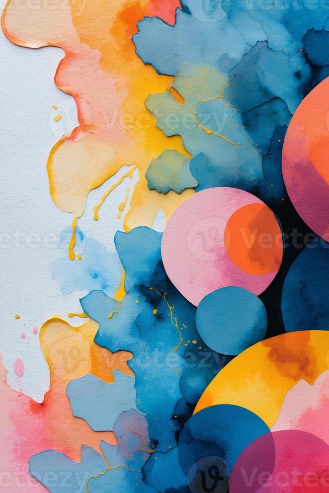 Vibrant watercolor abstract composition featuring colorful circles and organic shapes in dynamic arrangement photo
