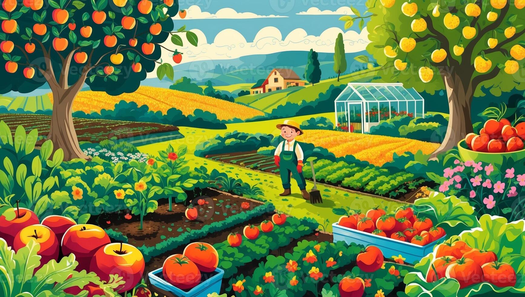 Vibrant garden with a farmer tending to crops and fruit trees in a sunny countryside setting photo