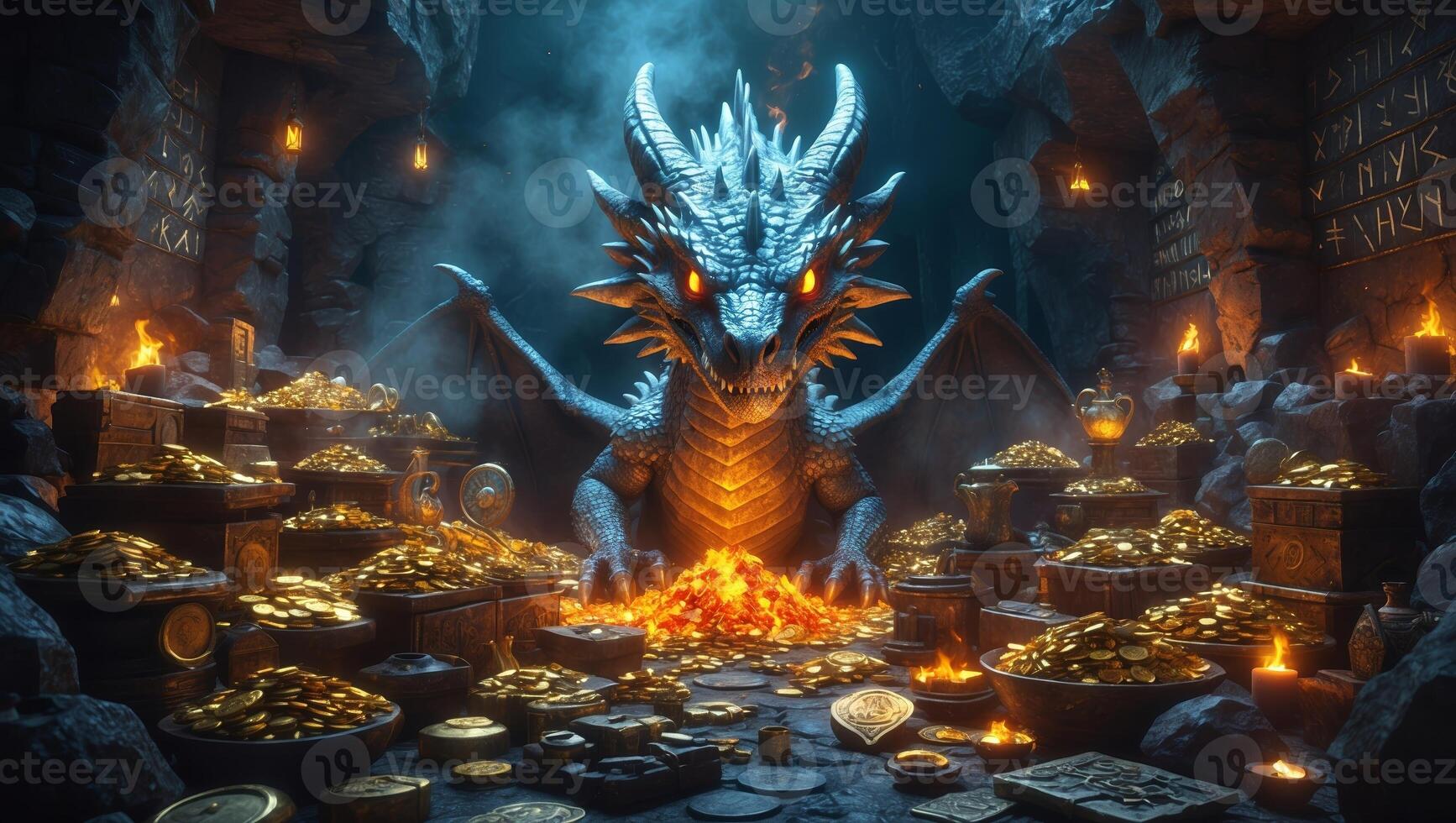 Majestic dragon guarding treasures in a mythical cave illuminated by flickering flames photo