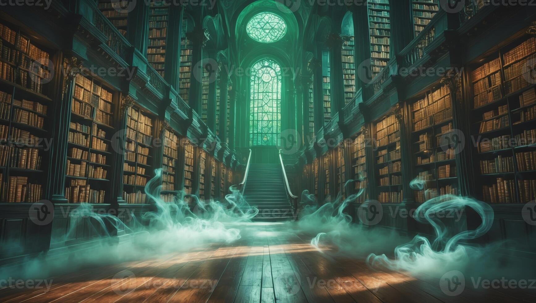 Mysterious library with swirling mist and vibrant stained glass windows at twilight photo