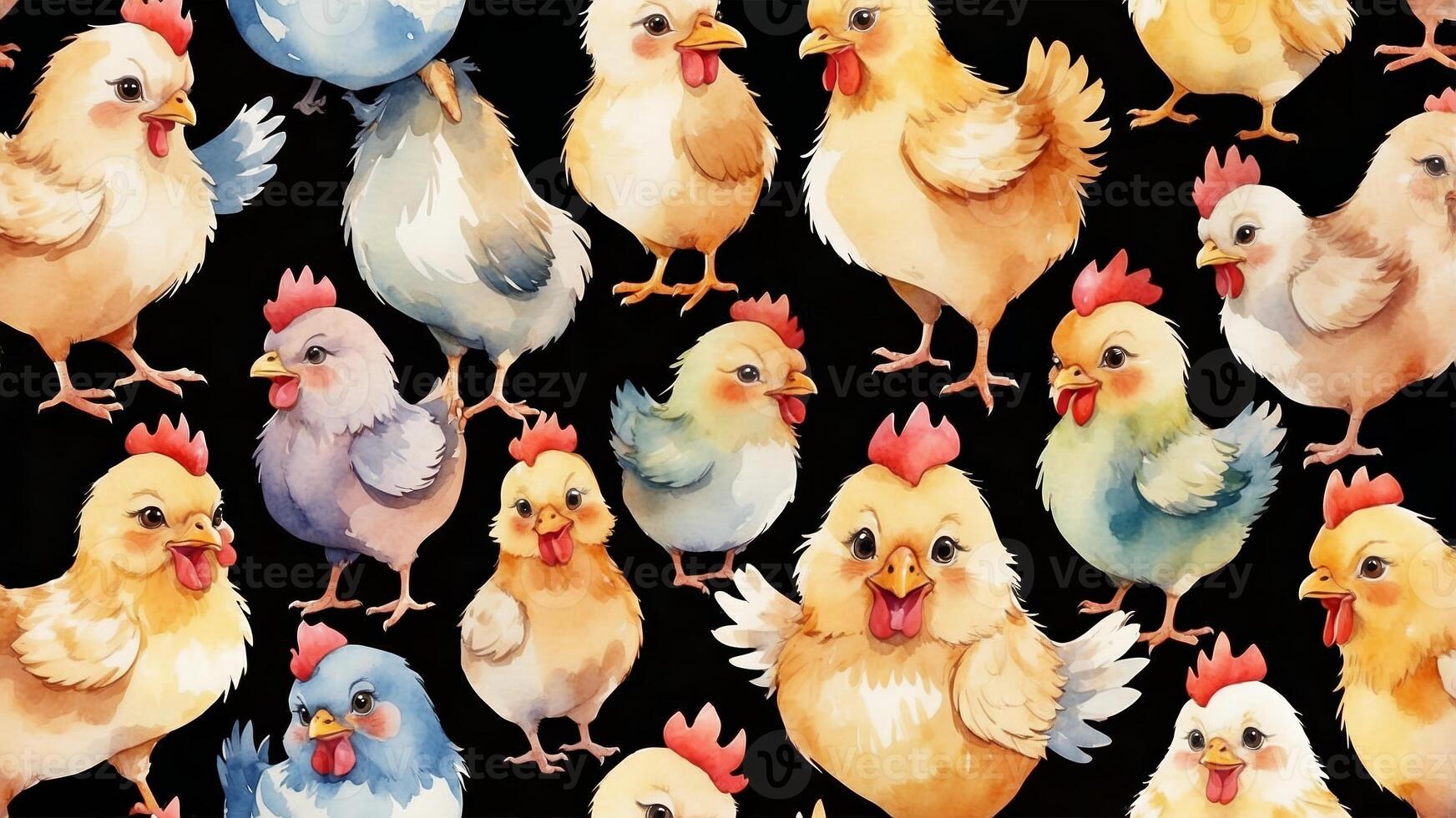 Charming watercolor illustrations of playful chicks on a dark background for festive decoration photo