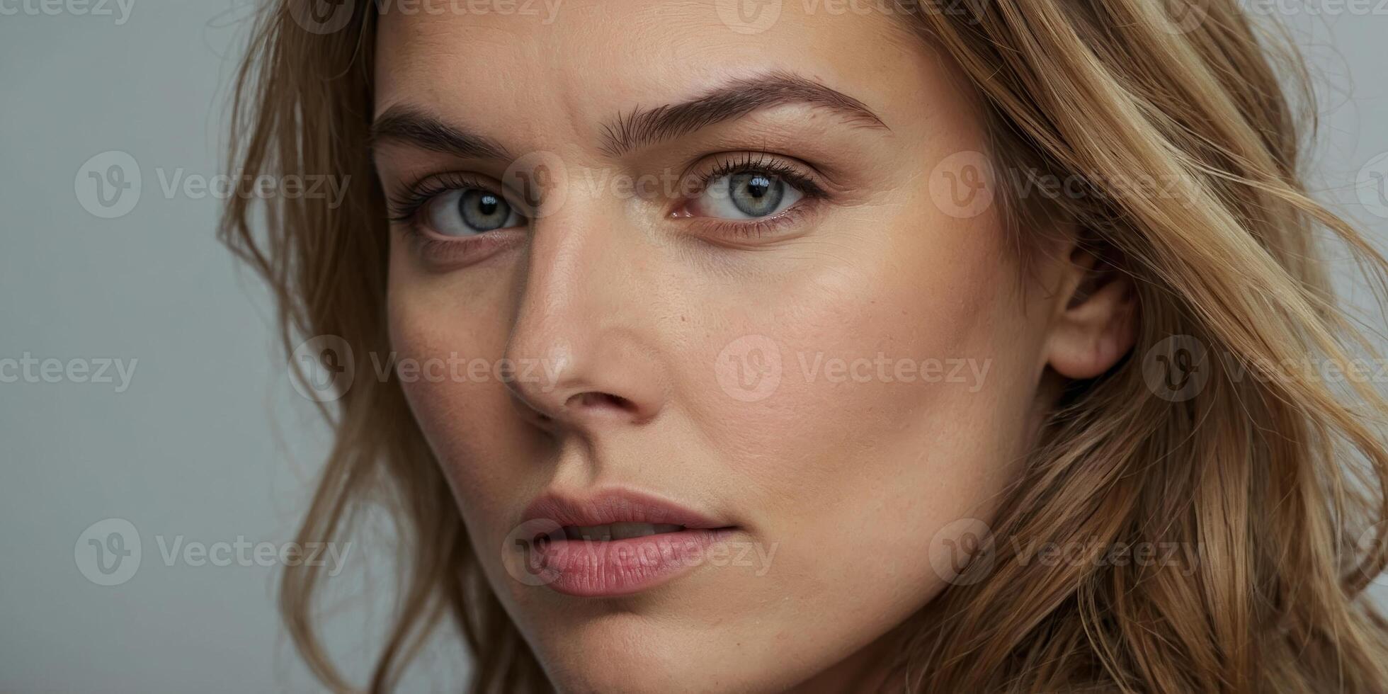 Woman with long hair gazes confidently at the camera against a light backdrop in a professional setting photo