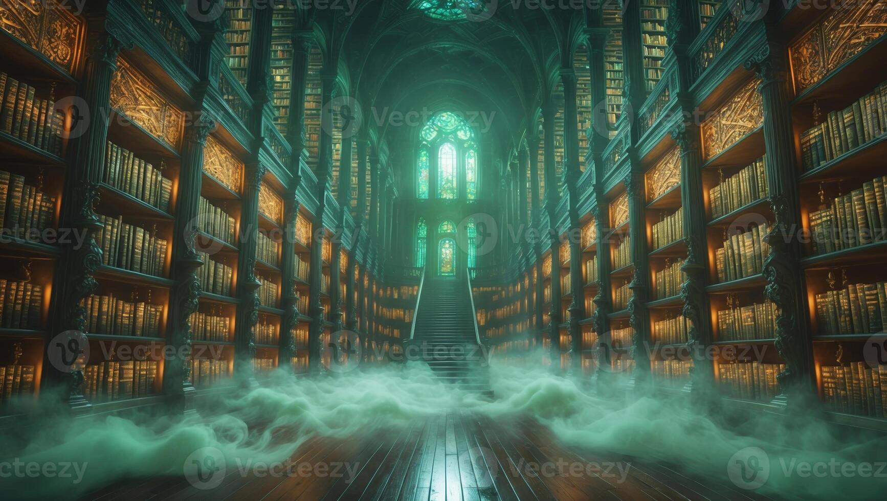 Enchanting library with ornate architecture and ethereal atmosphere filled with mystical fog photo