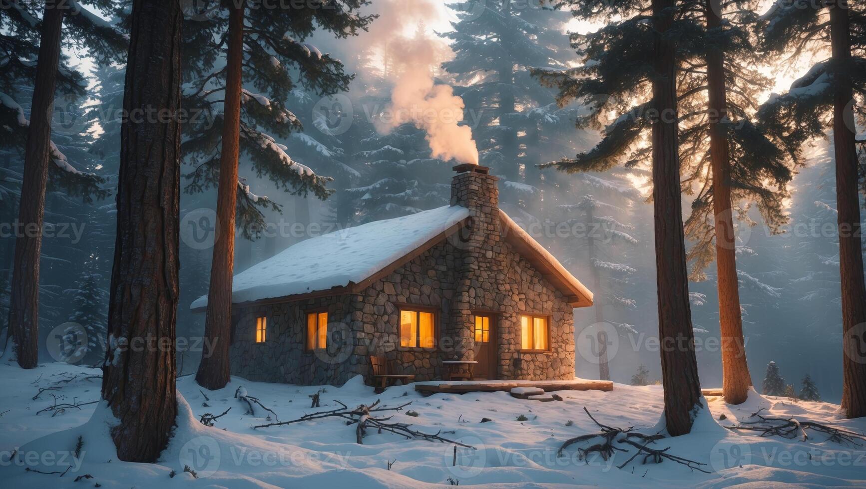Cozy stone cabin with smoke rising amidst snow-covered forest at dusk with warm lights glowing from windows photo