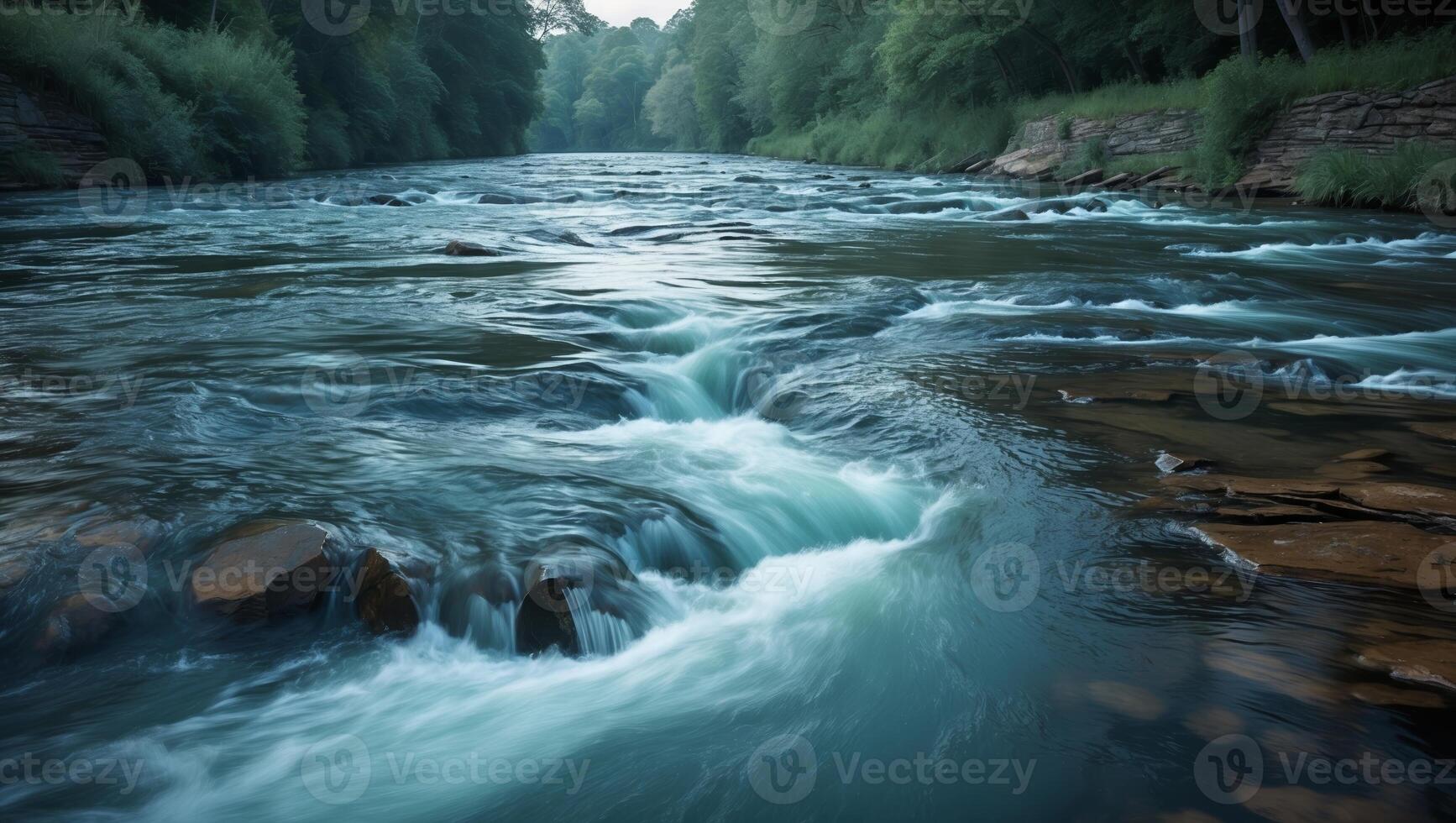 Refreshing river flows through lush greenery in the early hours of morning light photo