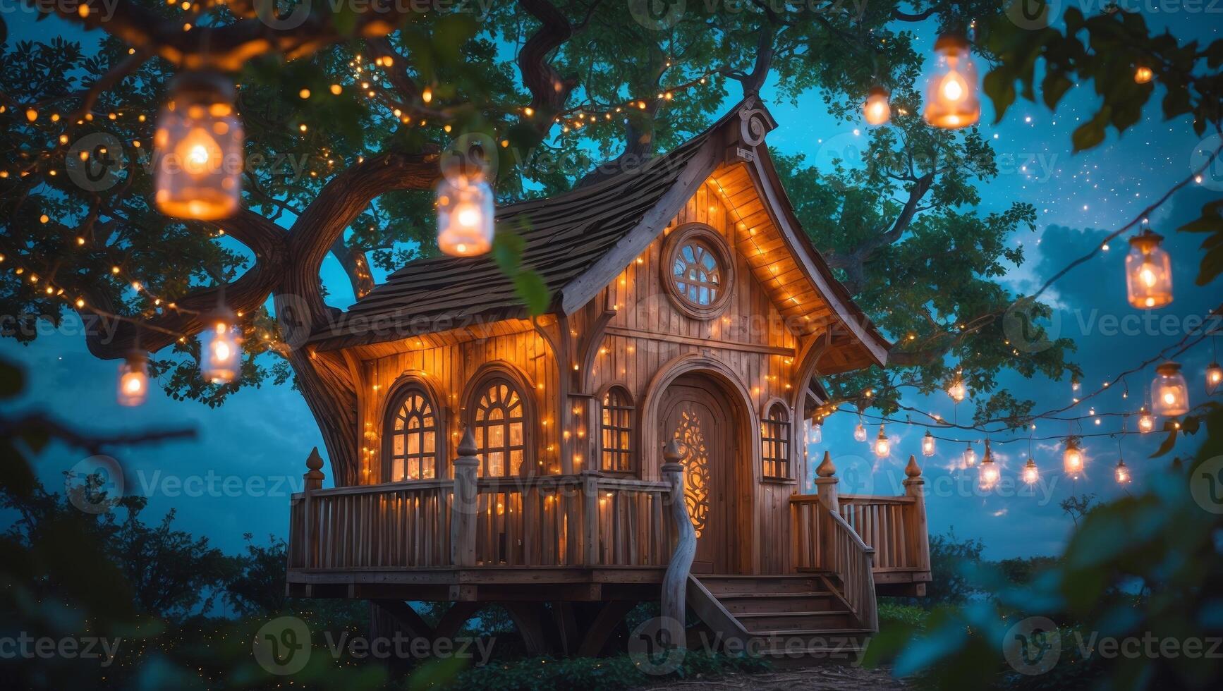 Enchanting treehouse illuminated by warm lanterns in a serene evening setting photo