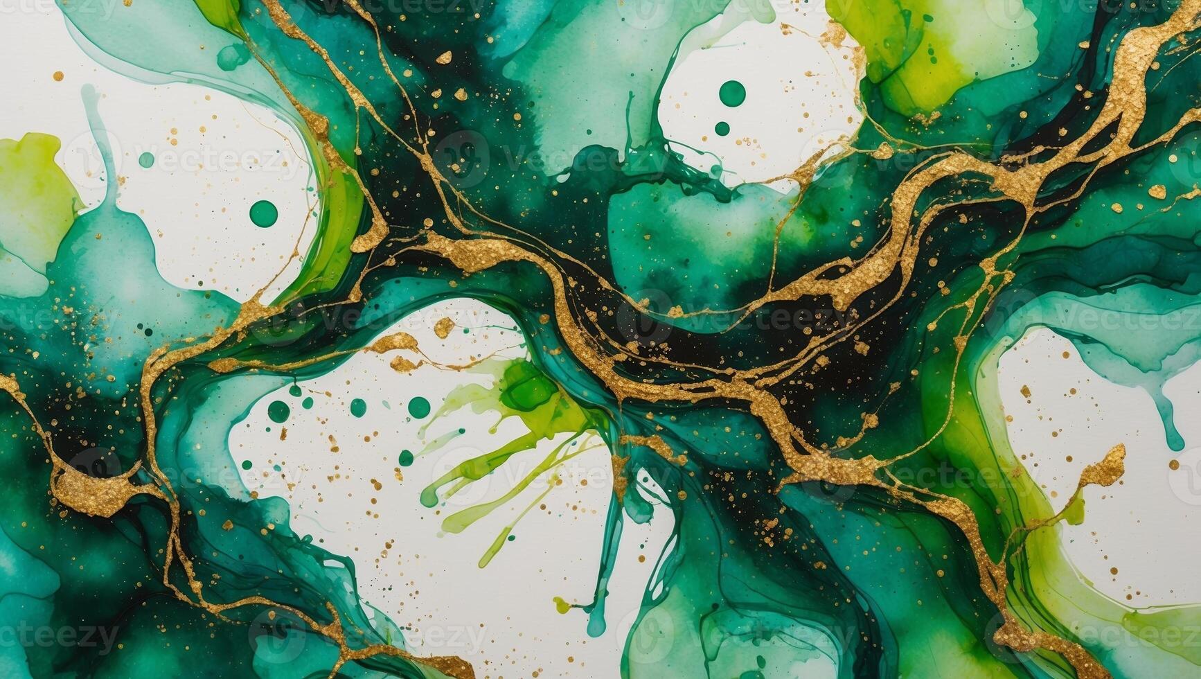 Colorful abstract art featuring green tones and gold accents in a fluid pattern on a white background photo