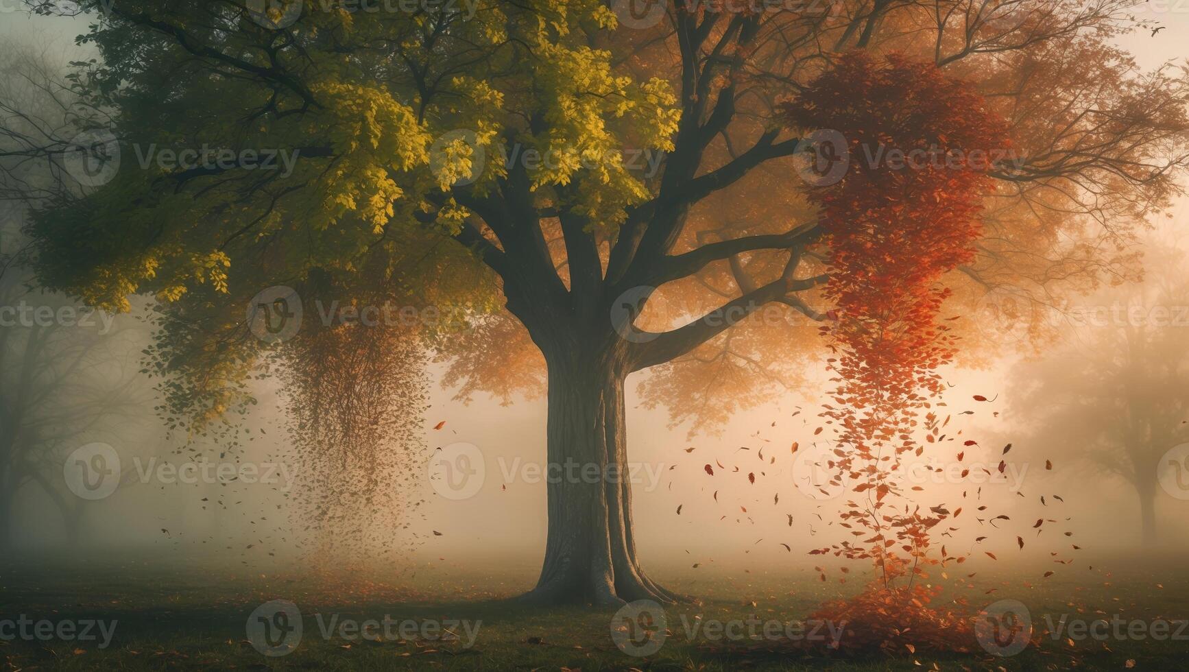 Mysterious autumn landscape with a tree shedding leaves in a tranquil morning fog photo