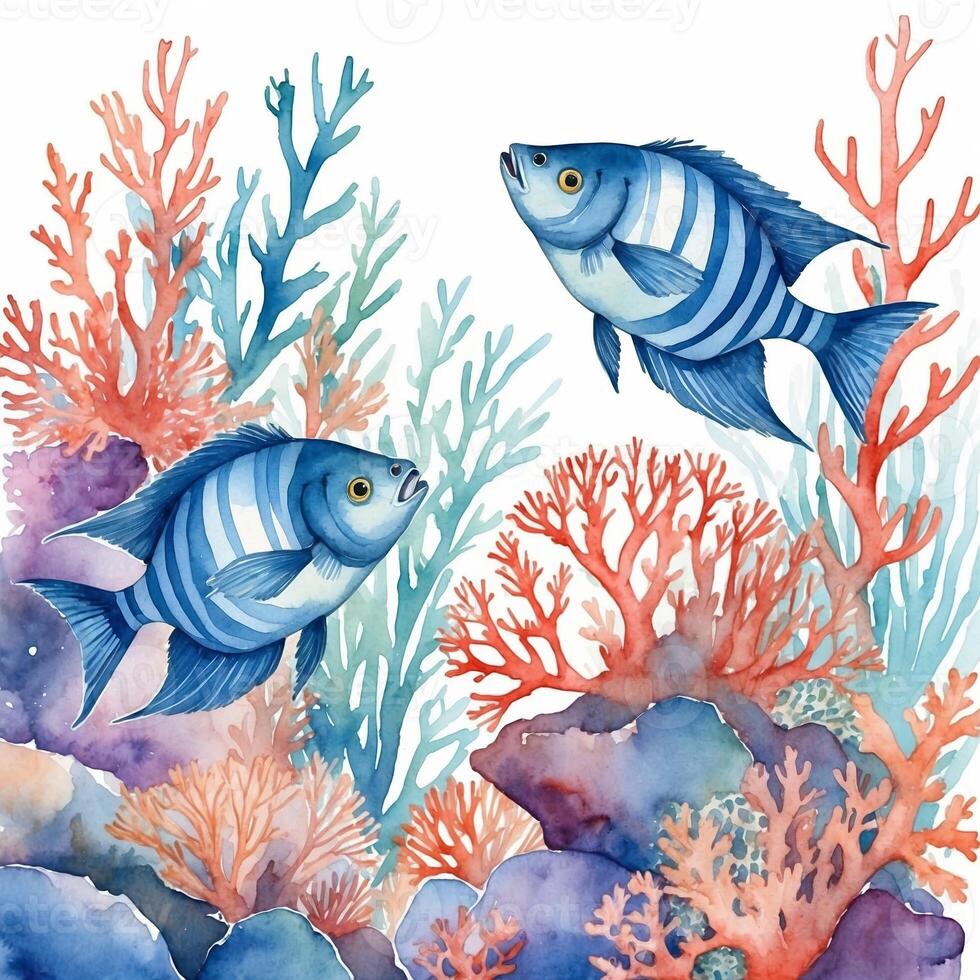 Vivid underwater scene with striped fish swimming among colorful coral reefs in a serene ocean environment photo