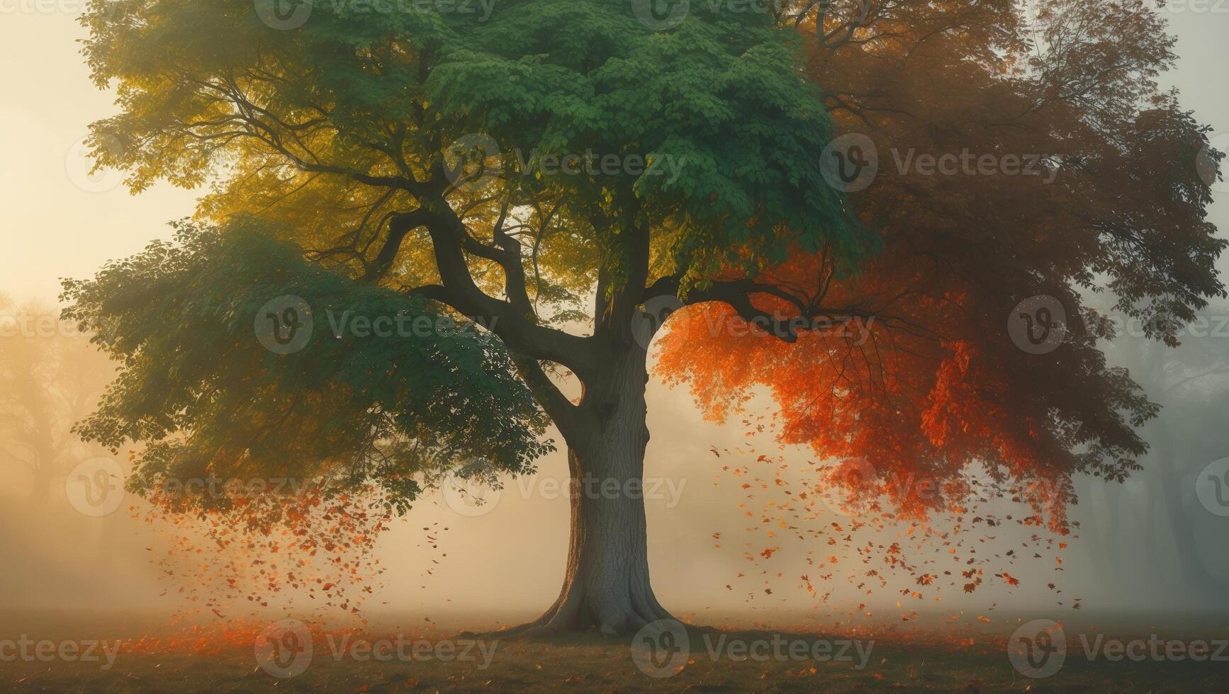 Majestic tree standing in a foggy landscape with vibrant foliage and falling leaves at dawn photo