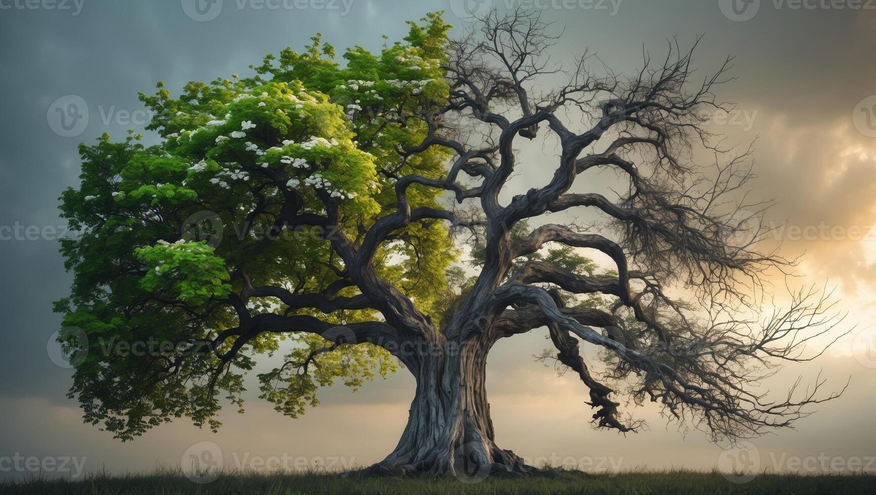 Majestic tree displays contrast of life and decay against a dramatic sky at sunset in the countryside photo