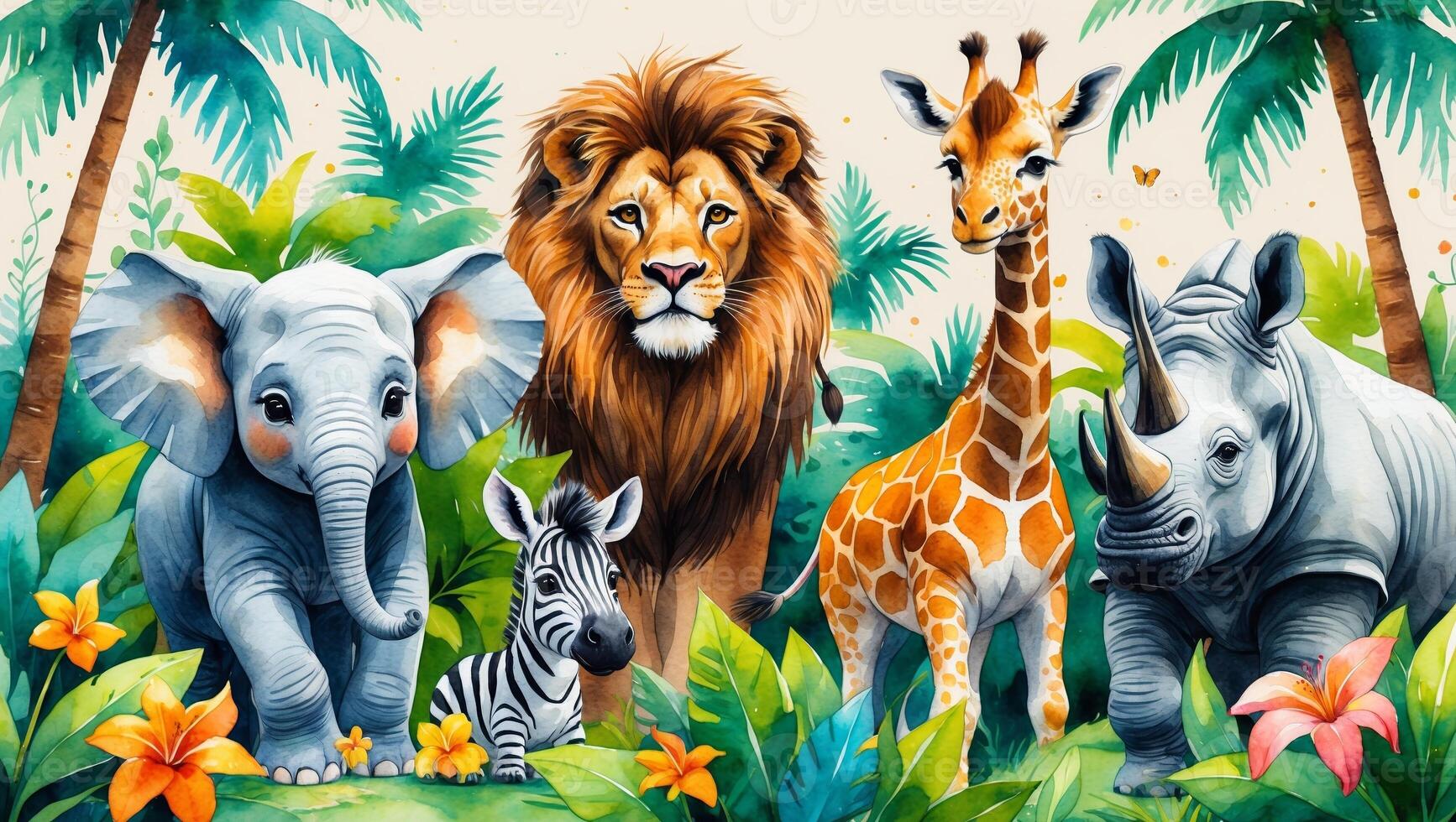 Colorful jungle scene with a lion, giraffe, elephant, zebra, and rhinoceros surrounded by lush foliage and tropical flowers photo