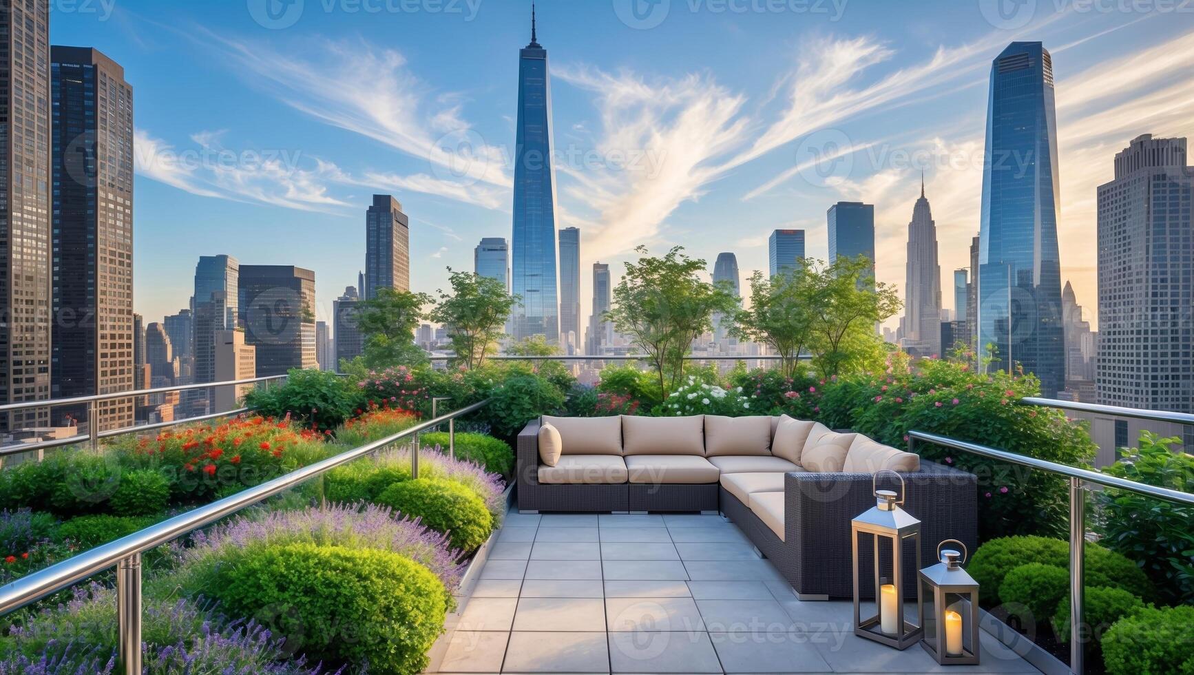 Stunning urban rooftop garden with skyline view and cozy seating in the heart of the city photo