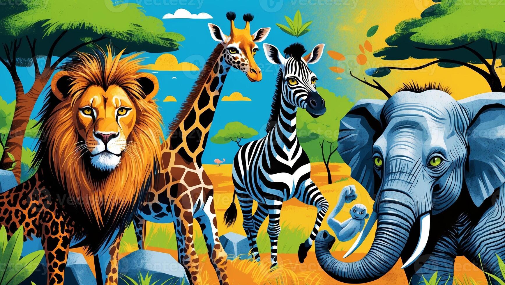 Colorful wildlife illustration featuring a lion, giraffes, zebra, elephant, and other animals in a vibrant African landscape photo
