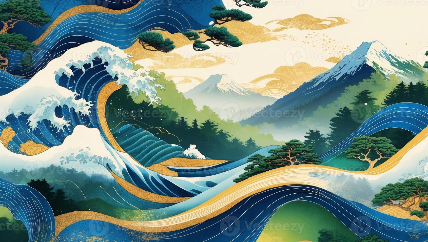 Vibrant depiction of waves and mountains in a serene landscape with intricate patterns and rich colors photo