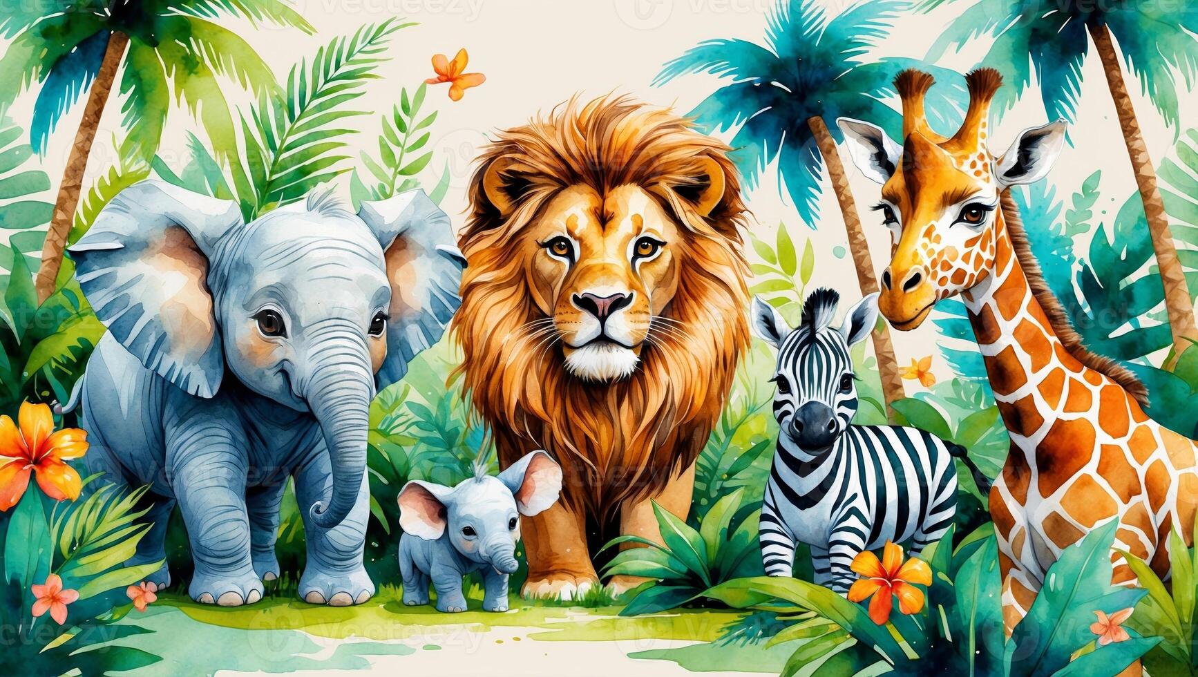 Colorful jungle animals gathered together in a vibrant tropical setting photo