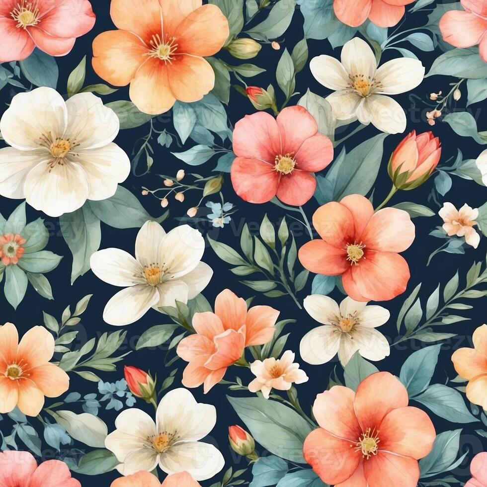 Colorful floral pattern featuring various flowers and leaves on a dark background creating a vibrant and lively design photo