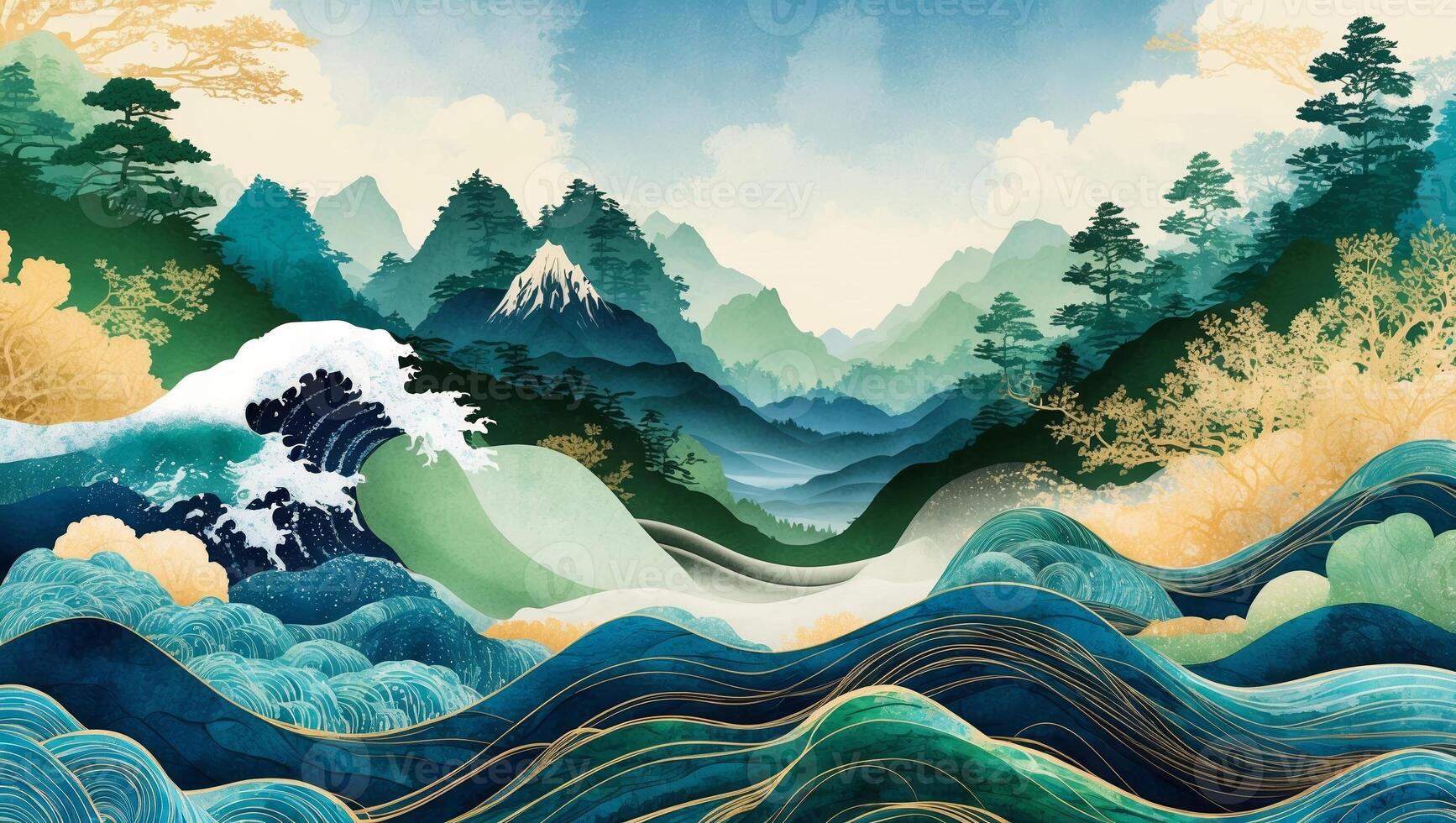 Vibrant landscape with waves and mountains under a colorful sky during a serene afternoon photo