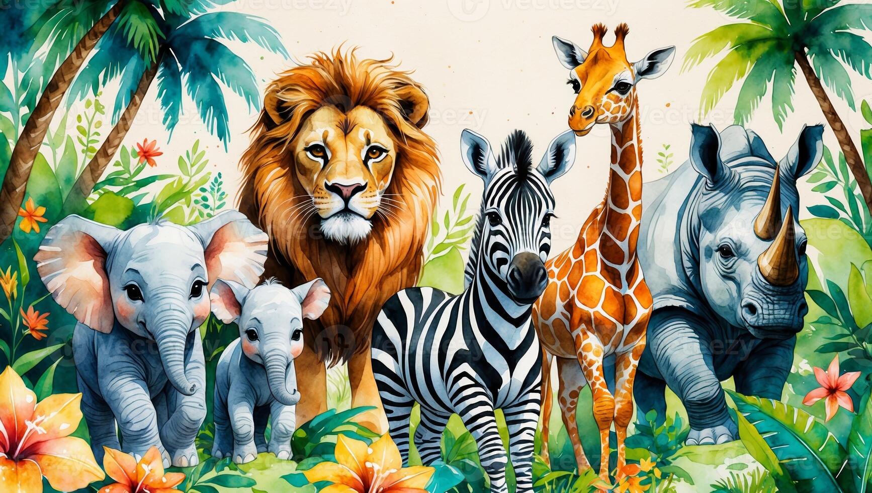 Colorful wildlife illustration featuring diverse animals in a lush tropical setting photo