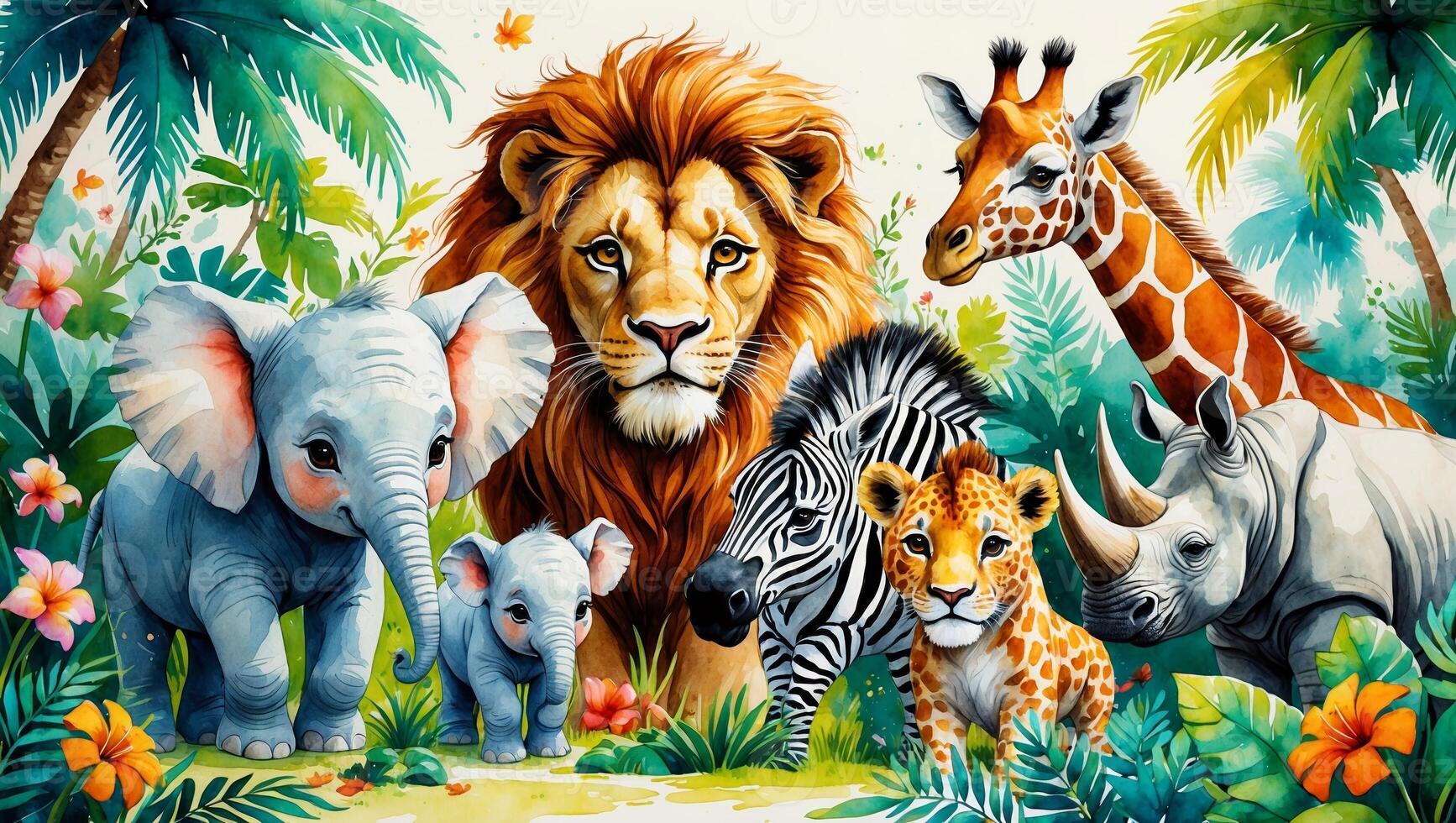 Colorful illustration of African wildlife with lion, elephant, giraffe, zebra, and rhino in tropical setting during daylight photo