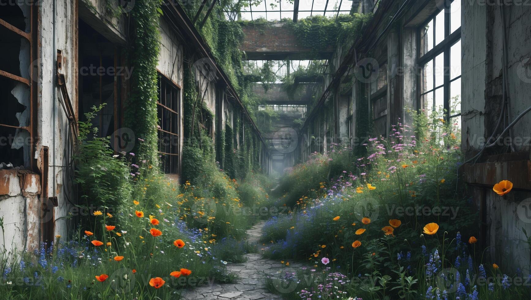 Overgrown corridor in an abandoned building adorned with colorful wildflowers in a serene atmosphere photo