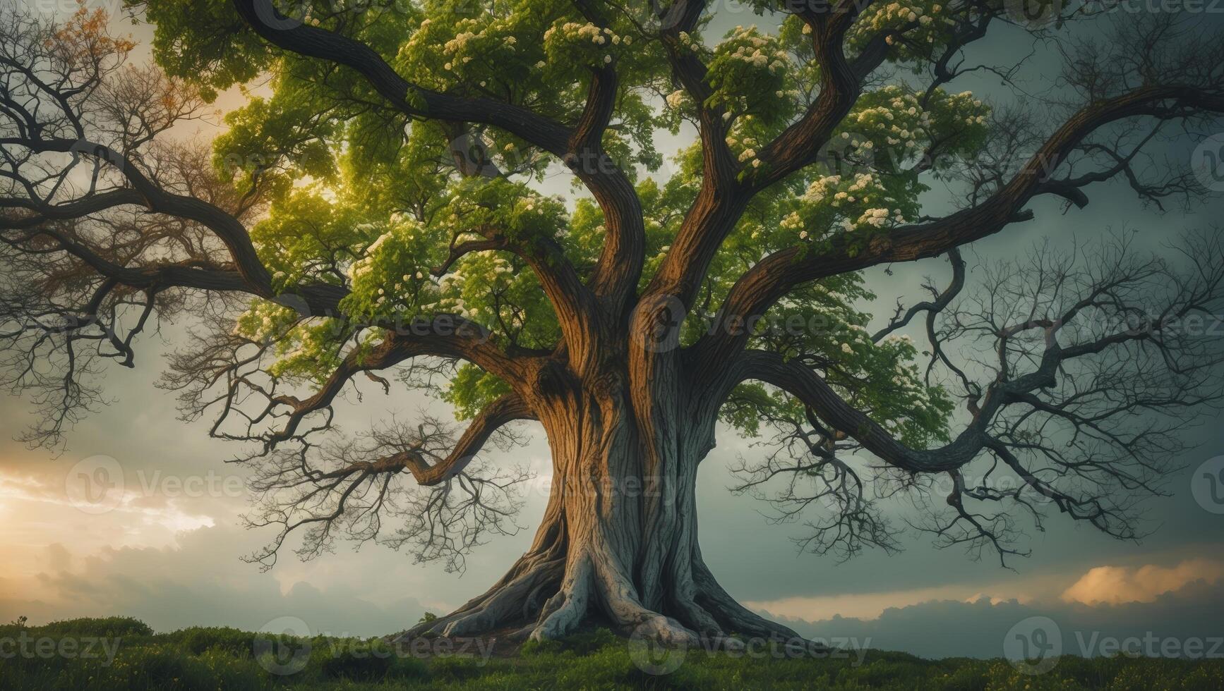 Majestic tree with sprawling branches stands proudly against a dramatic sky inspiring awe and contemplation in a tranquil landscape photo