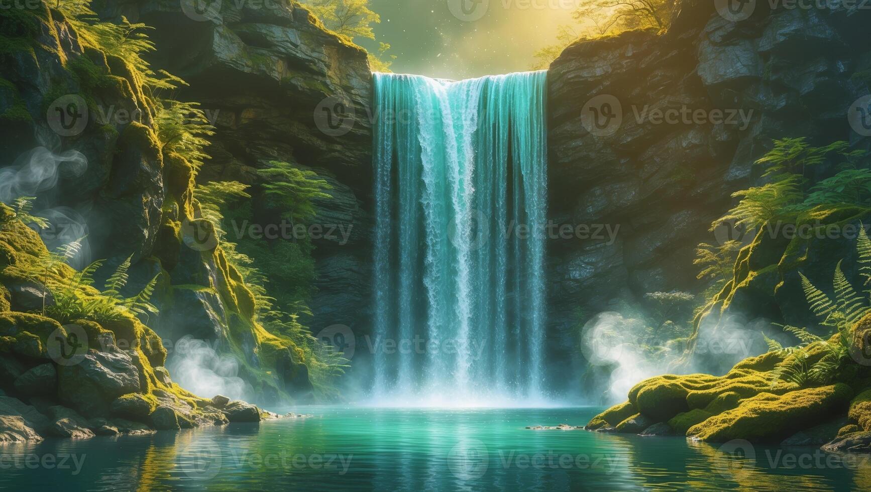Majestic waterfall cascading down rocky cliffs surrounded by lush greenery in a serene natural setting photo