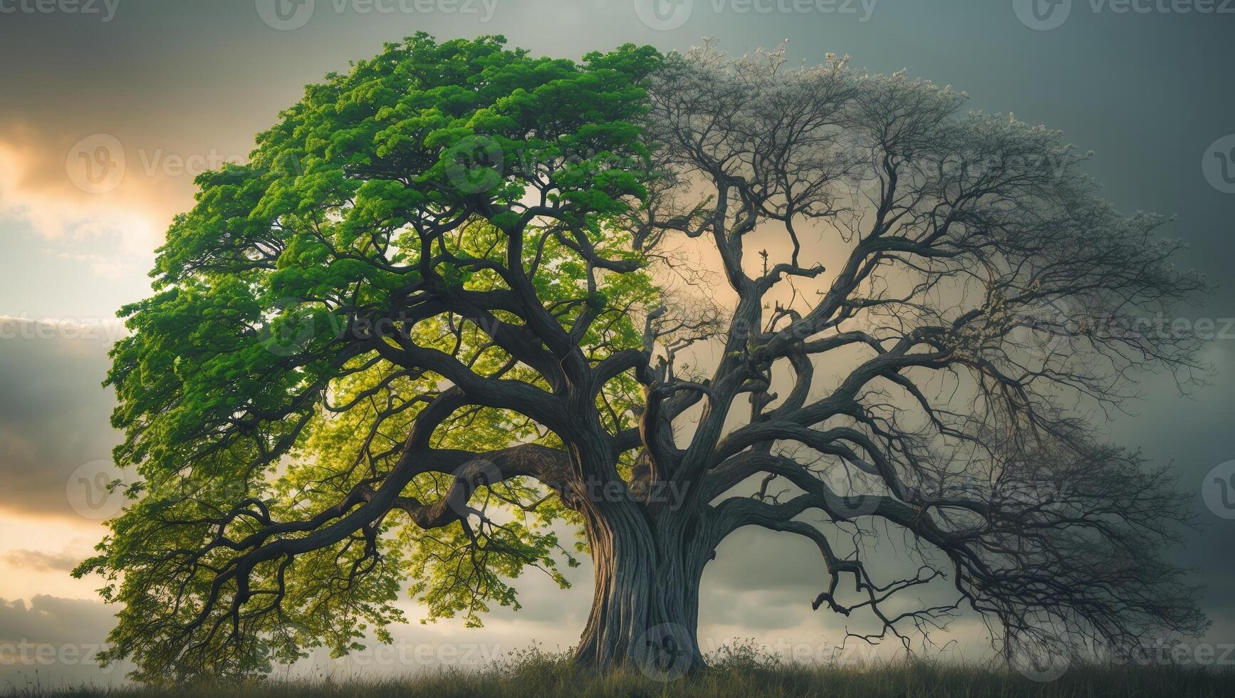 Tree split between vibrant green leaves and stark branches under a dramatic sky contrasting seasonal changes photo