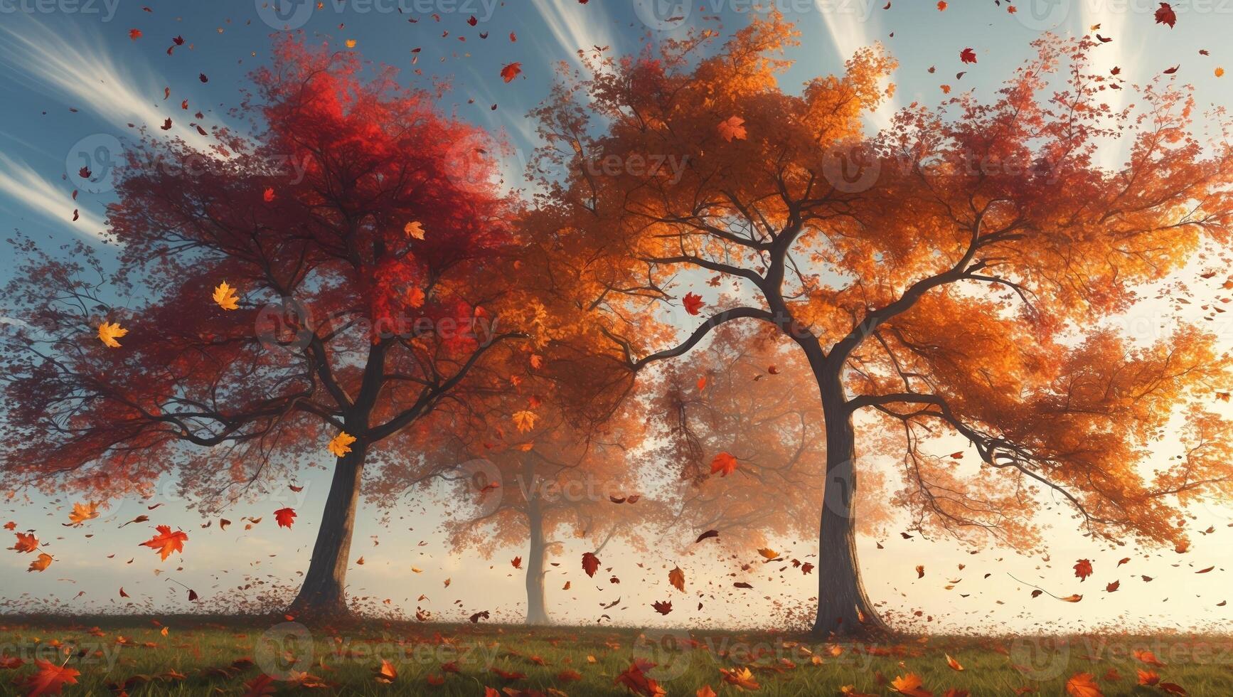 Beautiful autumn landscape with colorful trees and falling leaves under a bright sky photo