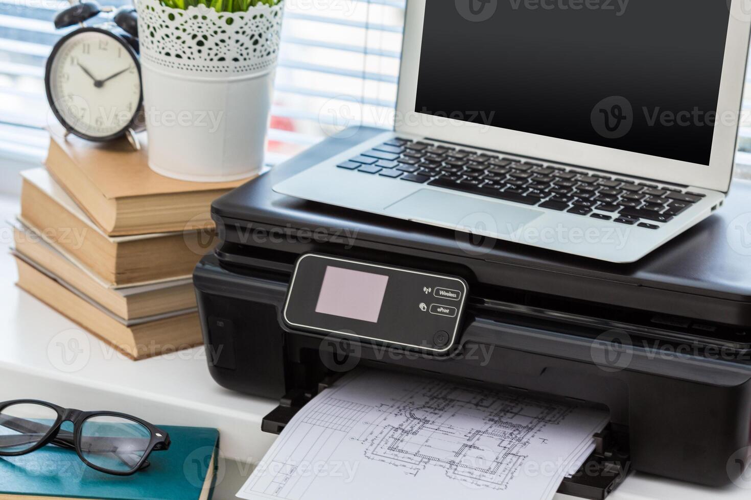 Printer and computer. Office table photo