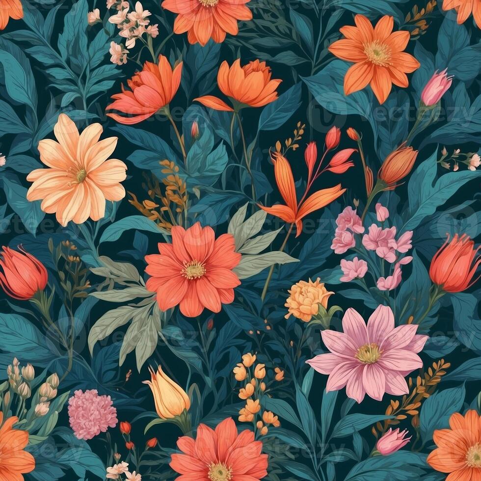 Vibrant floral arrangement featuring a mix of colorful blooms on a dark backdrop creates a striking visual display photo
