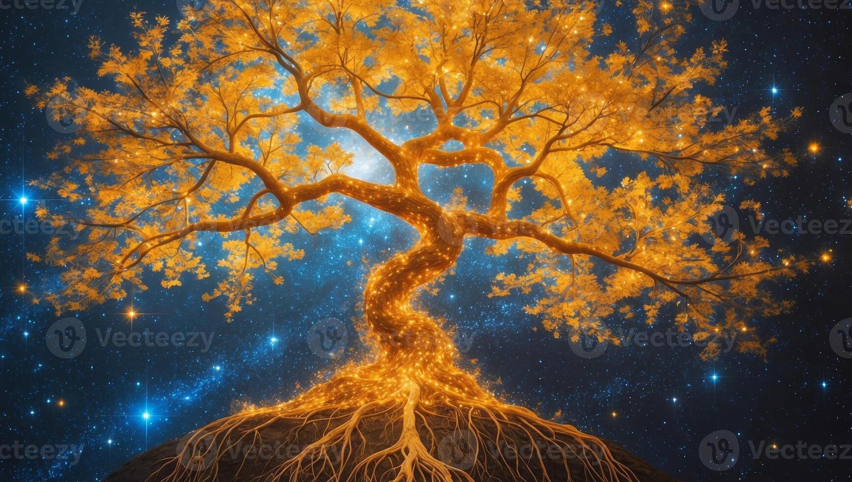 Glowing tree with vibrant orange leaves in a starry night sky creating a fantastical atmosphere photo