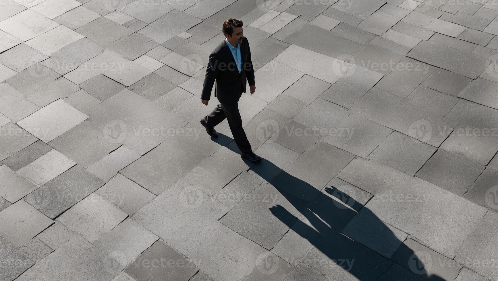 Business professional walks confidently on city plaza during bright day, casting a long shadow on textured pavement photo