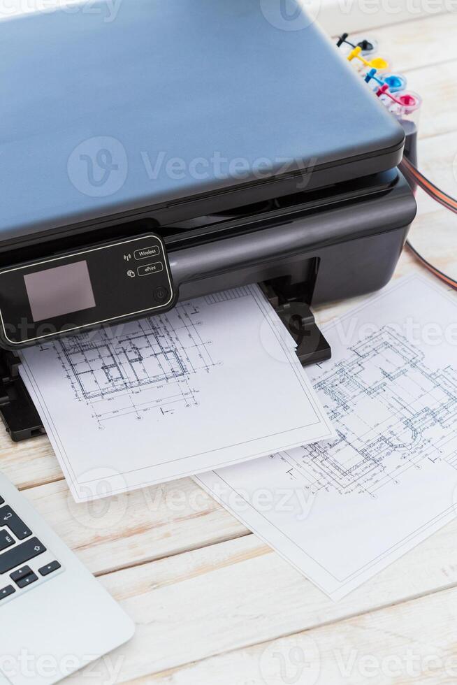 Printer and computer. Office table photo