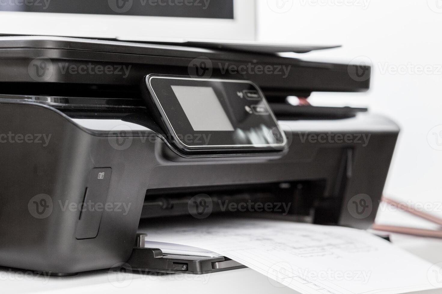 Printer and computer. Office table photo