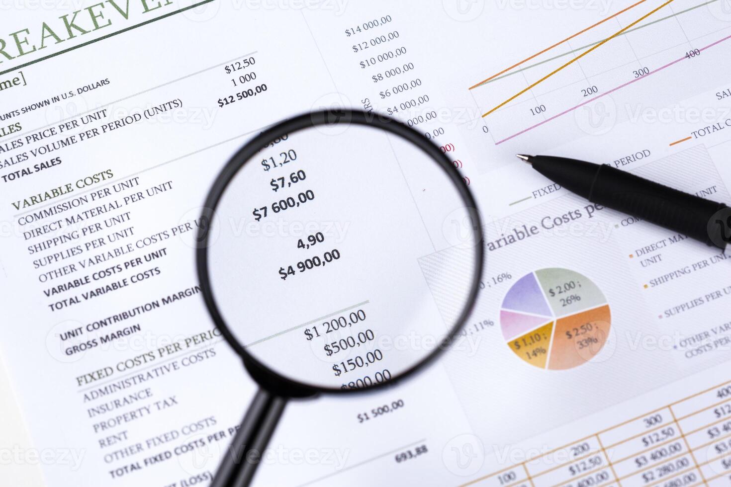 financial documents with magnifying glass over them photo
