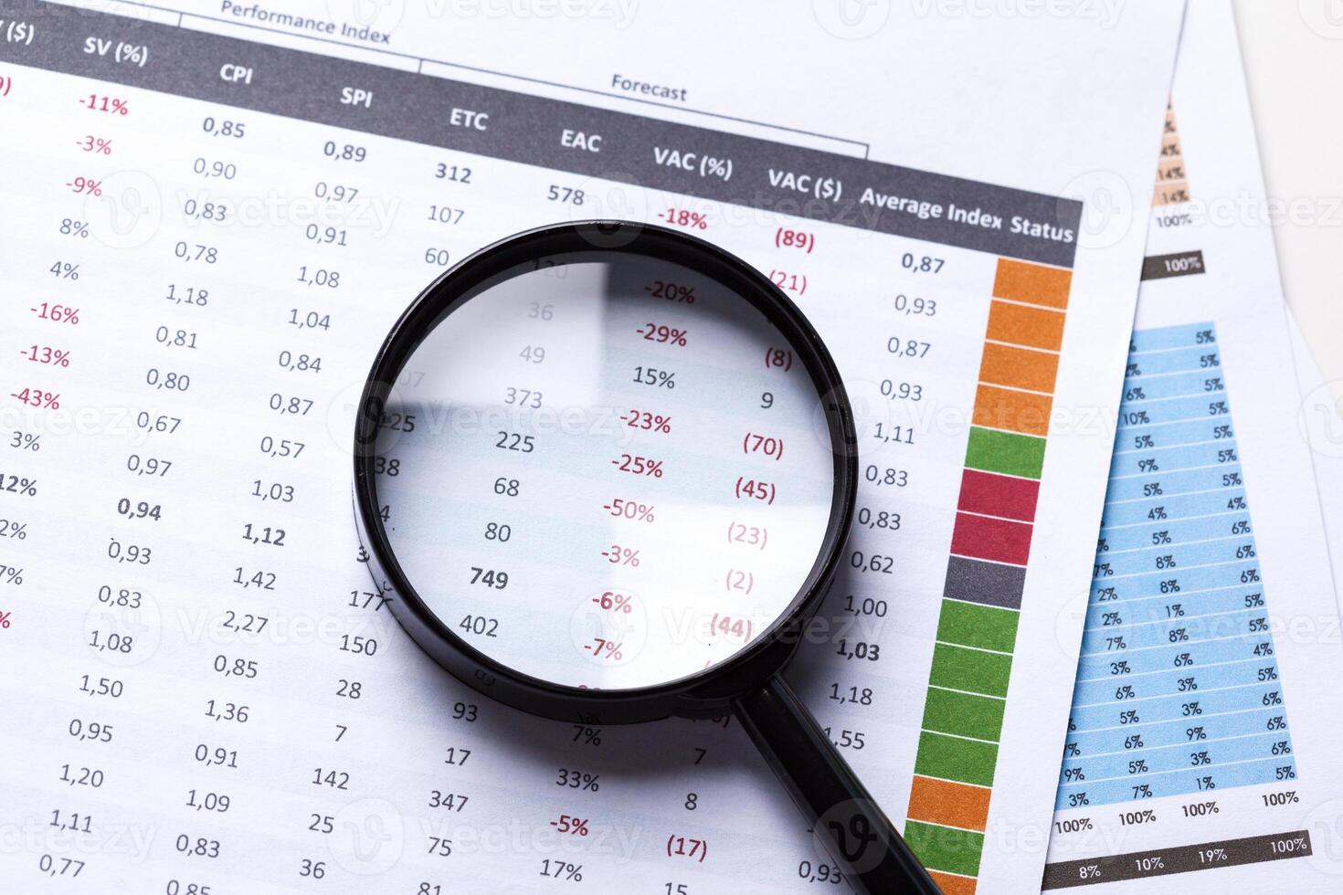 financial documents with magnifying glass over them photo