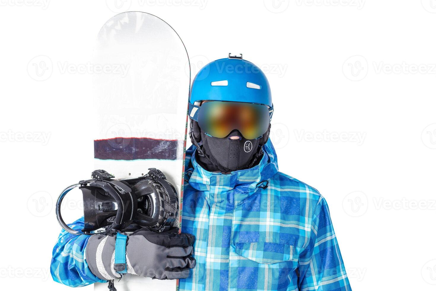 Portrait of young man in sportswear with snowboard isolated on a white background. photo