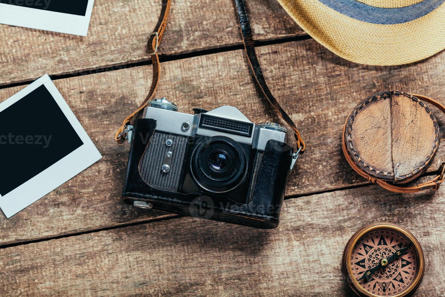 Top view of travel equipment for a mountain trip photo