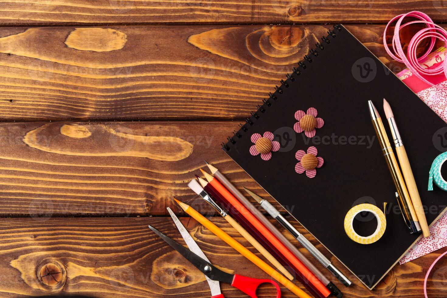 Creative crafting workspace with various tools laid out on a wooden table for a fun project photo