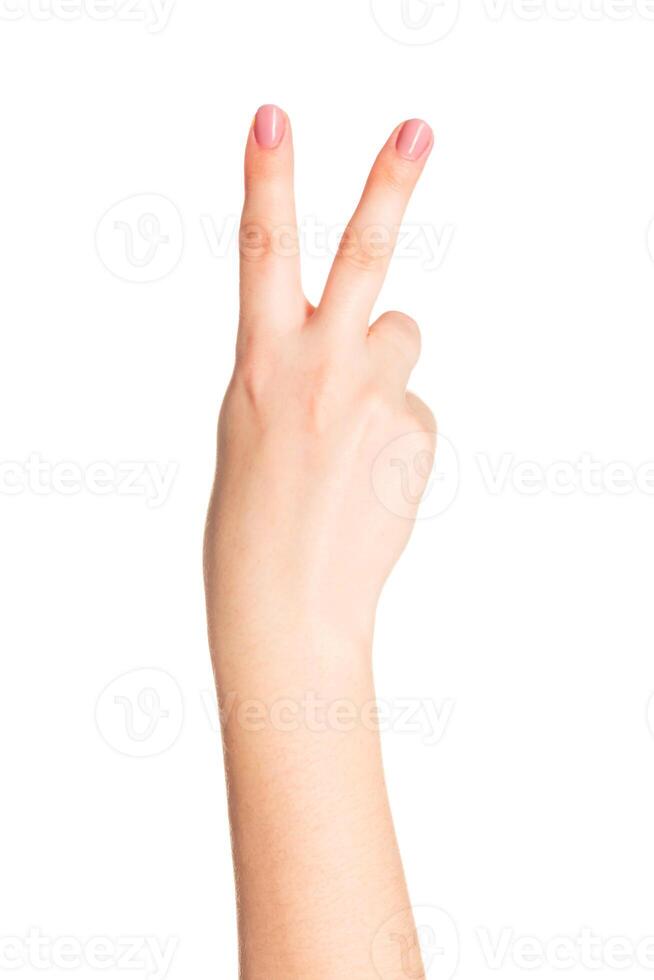 Hand gesture showing peace sign against plain background, symbolizing positivity and harmony during a social event photo