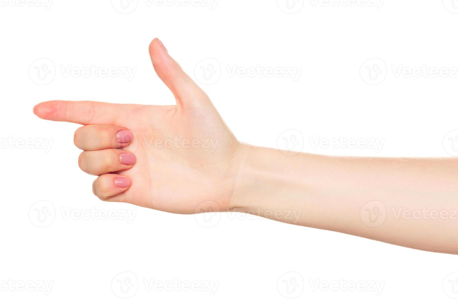 Hand gesture resembling a gun aimed forward, showcasing a playful expression and light nail polish photo